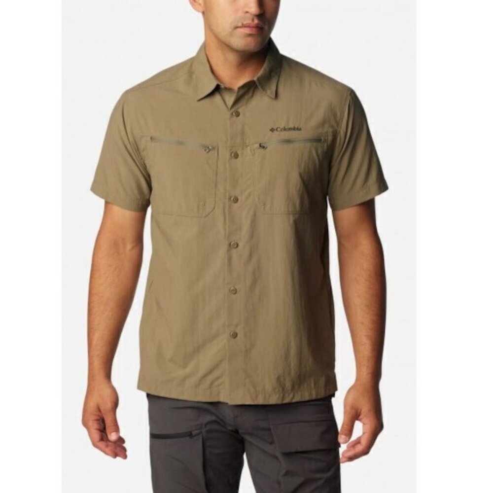 Columbia Fishing Shirt Men XL Tan Short Sleeve Outdoor Utility Chest Pockets